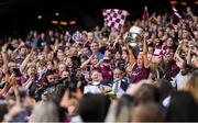 8 September 2019; Galway captain Sarah Dervan lifts the O'Duffy Cup following the Liberty Insurance All-Ireland Senior Camogie Championship Final match between Galway and Kilkenny at Croke Park in Dublin. Photo by Ramsey Cardy/Sportsfile