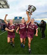 8 September 2019; Sarah Dervan, left, Shauna Healy, centre, and Niamh Kilkenny of Galway celebrate with the O'Duffy Cup following the Liberty Insurance All-Ireland Senior Camogie Championship Final match between Galway and Kilkenny at Croke Park in Dublin. Photo by Ramsey Cardy/Sportsfile