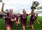 8 September 2019; Sarah Dervan, left, Shauna Healy, centre, and Niamh Kilkenny of Galway celebrate with the O'Duffy Cup following the Liberty Insurance All-Ireland Senior Camogie Championship Final match between Galway and Kilkenny at Croke Park in Dublin. Photo by Ramsey Cardy/Sportsfile