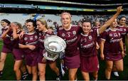 8 September 2019; Sarah Dervan and Aoife Donohue of Galway with the O'Duffy Cup following the Liberty Insurance All-Ireland Senior Camogie Championship Final match between Galway and Kilkenny at Croke Park in Dublin. Photo by Ramsey Cardy/Sportsfile