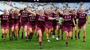 8 September 2019; Ailish O'Reilly, 15, and Niamh Hanniffy of Galway with the O'Duffy Cup following the Liberty Insurance All-Ireland Senior Camogie Championship Final match between Galway and Kilkenny at Croke Park in Dublin. Photo by Ramsey Cardy/Sportsfile