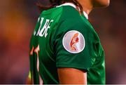 3 September 2019; The UEFA European Championships logo is seen on the jersey worn by Katie McCabe of Republic of Ireland during the UEFA Women's 2021 European Championships Qualifier Group I match between Republic of Ireland and Montenegro at Tallaght Stadium in Dublin. Photo by Stephen McCarthy/Sportsfile