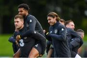 9 September 2019; James Collins and Cyrus Christie during a Republic of Ireland training session at the FAI National Training Centre in Abbotstown, Dublin. Photo by Stephen McCarthy/Sportsfile