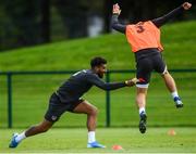9 September 2019; Cyrus Christie and James Collins, right, during a Republic of Ireland training session at the FAI National Training Centre in Abbotstown, Dublin. Photo by Stephen McCarthy/Sportsfile
