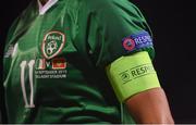 3 September 2019; The UEFA RESPECT logos are seen on the Republic of Ireland captain armband and jersey worn by Katie McCabe during the UEFA Women's 2021 European Championships Qualifier Group I match between Republic of Ireland and Montenegro at Tallaght Stadium in Dublin. Photo by Stephen McCarthy/Sportsfile