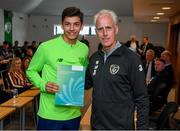 9 September 2019; Republic of Ireland manager Mick McCarthy presents Cristian Magerusan of the DDLETB Training Centre, Loughlinstown, with their certificate during the 2019 FAI-ETB Graduation event at the FAI Headquarters in Abbotstown, Dublin. Photo by Stephen McCarthy/Sportsfile