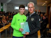 9 September 2019; Republic of Ireland manager Mick McCarthy presents Jack Nolan of the DDLETB Training Centre, Loughlinstown, with their certificate during the 2019 FAI-ETB Graduation event at the FAI Headquarters in Abbotstown, Dublin. Photo by Stephen McCarthy/Sportsfile