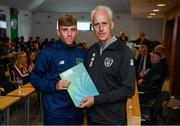 9 September 2019; Republic of Ireland manager Mick McCarthy presents Charlie Smith of the DDLETB Training Centre, Loughlinstown, with their certificate during the 2019 FAI-ETB Graduation event at the FAI Headquarters in Abbotstown, Dublin. Photo by Stephen McCarthy/Sportsfile