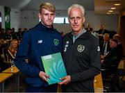 9 September 2019; Republic of Ireland manager Mick McCarthy presents Evan Smithers of the DDLETB Training Centre, Loughlinstown, with their certificate during the 2019 FAI-ETB Graduation event at the FAI Headquarters in Abbotstown, Dublin. Photo by Stephen McCarthy/Sportsfile