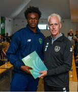 9 September 2019; Republic of Ireland manager Mick McCarthy presents Emmanuel Odeniyi of the DDLETB Training Centre, Loughlinstown, with their certificate during the 2019 FAI-ETB Graduation event at the FAI Headquarters in Abbotstown, Dublin. Photo by Stephen McCarthy/Sportsfile