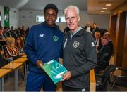 9 September 2019; Republic of Ireland manager Mick McCarthy presents Winston Lambe of the DDLETB Training Centre, Loughlinstown, with their certificate during the 2019 FAI-ETB Graduation event at the FAI Headquarters in Abbotstown, Dublin. Photo by Stephen McCarthy/Sportsfile