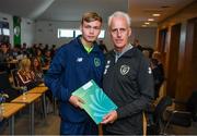 9 September 2019; Republic of Ireland manager Mick McCarthy presents Darragh Gregg of the DDLETB Training Centre, Loughlinstown, with their certificate during the 2019 FAI-ETB Graduation event at the FAI Headquarters in Abbotstown, Dublin. Photo by Stephen McCarthy/Sportsfile