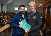 9 September 2019; Republic of Ireland manager Mick McCarthy presents Glen Farrell of the DDLETB Training Centre, Loughlinstown, with their certificate during the 2019 FAI-ETB Graduation event at the FAI Headquarters in Abbotstown, Dublin. Photo by Stephen McCarthy/Sportsfile