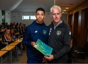 9 September 2019; Republic of Ireland manager Mick McCarthy presents Jordan Carroll of the DDLETB Training Centre, Loughlinstown, with their certificate during the 2019 FAI-ETB Graduation event at the FAI Headquarters in Abbotstown, Dublin. Photo by Stephen McCarthy/Sportsfile