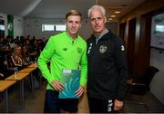 9 September 2019; Republic of Ireland manager Mick McCarthy presents Mitchell Byrne of the DDLETB Training Centre, Loughlinstown, with their certificate during the 2019 FAI-ETB Graduation event at the FAI Headquarters in Abbotstown, Dublin. Photo by Stephen McCarthy/Sportsfile