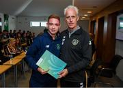 9 September 2019; Republic of Ireland manager Mick McCarthy presents Evan Clifford of the DDLETB Training Centre, Loughlinstown, with their certificate during the 2019 FAI-ETB Graduation event at the FAI Headquarters in Abbotstown, Dublin. Photo by Stephen McCarthy/Sportsfile