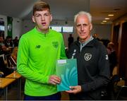 9 September 2019; Republic of Ireland manager Mick McCarthy presents Justin Doyle of the DDLETB Training Centre, Loughlinstown, with their certificate during the 2019 FAI-ETB Graduation event at the FAI Headquarters in Abbotstown, Dublin. Photo by Stephen McCarthy/Sportsfile