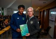 9 September 2019; Republic of Ireland manager Mick McCarthy presents Josh Ojelabi of the DDLETB Training Centre, Loughlinstown, with their certificate during the 2019 FAI-ETB Graduation event at the FAI Headquarters in Abbotstown, Dublin. Photo by Stephen McCarthy/Sportsfile