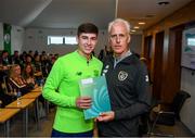 9 September 2019; Republic of Ireland manager Mick McCarthy presents Dylan Reilly of the DDLETB Training Centre, Loughlinstown, with their certificate during the 2019 FAI-ETB Graduation event at the FAI Headquarters in Abbotstown, Dublin. Photo by Stephen McCarthy/Sportsfile