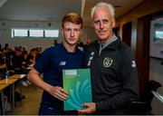 9 September 2019; Republic of Ireland manager Mick McCarthy presents Karl Spooner of the DDLETB Training Centre, Loughlinstown, with their certificate during the 2019 FAI-ETB Graduation event at the FAI Headquarters in Abbotstown, Dublin. Photo by Stephen McCarthy/Sportsfile