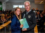 9 September 2019; Republic of Ireland manager Mick McCarthy presents Ciara Maher of the DDLETB Training Centre, Loughlinstown, with her certificate during the 2019 FAI-ETB Graduation event at the FAI Headquarters in Abbotstown, Dublin. Photo by Stephen McCarthy/Sportsfile