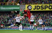 9 September 2019; Jonny Evans of Northern Ireland in action against Manuel Neuer of Germany during the UEFA EURO2020 Qualifier Group C match between Northern Ireland and Germany at the National Stadium at Windsor Park in Belfast. Photo by Ramsey Cardy/Sportsfile