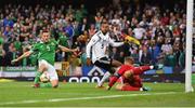 9 September 2019; Conor Washington of Northen Ireland has a shot on goal despite the attempts of goalkeeper Manuel Neuer and Jonathan Tah of Germany during the UEFA EURO2020 Qualifier Group C match between Northern Ireland and Germany at the National Stadium at Windsor Park in Belfast. Photo by Ramsey Cardy/Sportsfile