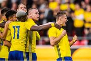 10 September 2019; Mattias Svanberg of Sweden celebrates with team-mates after scoring his side's first goal during the UEFA European U21 Championship Qualifier Group 1 match between Sweden and Republic of Ireland at Guldfågeln Arena in Hansa City, Kalmar, Sweden. Photo by Suvad Mrkonjic/Sportsfile