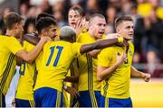 10 September 2019; Mattias Svanberg of Sweden celebrates with team-mates after scoring his side's first goal during the UEFA European U21 Championship Qualifier Group 1 match between Sweden and Republic of Ireland at Guldfågeln Arena in Hansa City, Kalmar, Sweden. Photo by Suvad Mrkonjic/Sportsfile