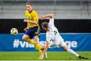 10 September 2019; Dejan Kulusekvski of Sweden in action against Conor Masterson of Republic of Ireland during the UEFA European U21 Championship Qualifier Group 1 match between Sweden and Republic of Ireland at Guldfågeln Arena in Hansa City, Kalmar, Sweden. Photo by Suvad Mrkonjic/Sportsfile