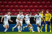 10 September 2019; Troy Parrott of Republic of Ireland, centre, celebrates with team-mates after scoring their side's first goal to equalise during the UEFA European U21 Championship Qualifier Group 1 match between Sweden and Republic of Ireland at Guldfågeln Arena in Hansa City, Kalmar, Sweden. Photo by Suvad Mrkonjic/Sportsfile