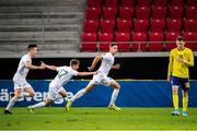 10 September 2019; Conor Masterson of Republic of Ireland, centre, celebrates with team-mates after scoring his side's second goal to take the lead during the UEFA European U21 Championship Qualifier Group 1 match between Sweden and Republic of Ireland at Guldfågeln Arena in Hansa City, Kalmar, Sweden. Photo by Suvad Mrkonjic/Sportsfile