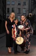 10 September 2019; RTÉ rugby analyst team and presenters, Clare MacNamara, left, and Fiona Coughlan in attendance alongside member of the EJ Taiko Team Louis Bradley, age 11, at the RTÉ Sport Rugby World Cup 2019 Launch at Lemon & Duke, Royal Hibernian Way, Dublin. Photo by David Fitzgerald/Sportsfile