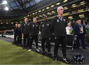 10 September 2019; Republic of Ireland manager Mick McCarthy, right, with from right to left, assistant coach Terry Connor, assistant coach Robbie Keane and goalkeeping coach Alan Kelly prior to the 3 International Friendly match between Republic of Ireland and Bulgaria at Aviva Stadium, Dublin. Photo by Stephen McCarthy/Sportsfile