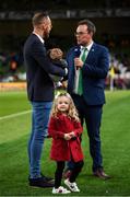 10 September 2019; Former Republic of Ireland internatioal David Meyler with his daughter Alanna and son Brody is interviewed by Daniel Kelly at half-time of the 3 International Friendly match between Republic of Ireland and Bulgaria at Aviva Stadium, Lansdowne Road in Dublin. Photo by Stephen McCarthy/Sportsfile