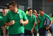 11 September 2019; Ireland players, from right, Bundee Aki, Joey Carbery and Robbie Henshaw make their way out to the plane prior to the team's departure from Dublin Airport in advance of the Rugby World Cup in Japan. Photo by David Fitzgerald/Sportsfile