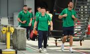 11 September 2019; Ireland players, Andrew Conway, left, and Jean Kleyn make their way out to the plane prior to the team's departure from Dublin Airport in advance of the Rugby World Cup in Japan. Photo by David Fitzgerald/Sportsfile