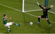 10 September 2019; James Collins of Republic of Ireland shoots to score his side's third goal past Bulgaria goalkeeper Hristo Ivanov during the 3 International Friendly match between Republic of Ireland and Bulgaria at Aviva Stadium, Dublin. Photo by Ben McShane/Sportsfile