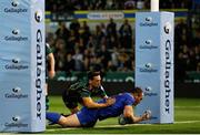12 September 2019; Peter Dooley of Leinster goes over to score a try during the Pre-season friendly match between Northampton Saints and Leinster at Franklin Gardens in Northampton, England. Photo by Darren Staples/Sportsfile
