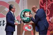 13 September 2019; Ireland captain Rory Best and Mayor of Ichihara Joji Koide during the Ireland Rugby World Cup 2019 Welcome Ceremony at Mihama Bunka Hall Hall in Chiba Prefecture, Japan. Photo by Brendan Moran/Sportsfile