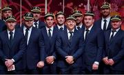 13 September 2019; Ireland players, from left, Robbie Henshaw, Keith Earls, Cian Healy, Jack Conan, Joey Carbery, Jack Carty, Andrew Conway, Rob Kearney, Niall Scannell, Jean Kleyn and Dave Kilcoyne with their RWC2019 caps during their Rugby World Cup 2019 Welcome Ceremony at Mihama Bunka Hall Hall in Chiba Prefecture, Japan. Photo by Brendan Moran/Sportsfile