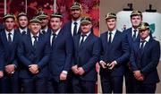 13 September 2019; Ireland players, from left, Joey Carbery, Jack Carty, Andrew Conway, Rob Kearney, Niall Scannell, Jean Kleyn and Dave Kilcoyne, Jonathan Sexton, Jacob Stockdale and Jordan Larmour with their RWC2019 caps during their Rugby World Cup 2019 Welcome Ceremony at Mihama Bunka Hall Hall in Chiba Prefecture, Japan. Photo by Brendan Moran/Sportsfile