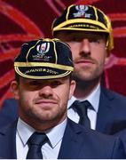 13 September 2019; Cian Healy, left, and Jack Conan with their RWC2019 caps during the Ireland Rugby World Cup 2019 Welcome Ceremony at Mihama Bunka Hall Hall in Chiba Prefecture, Japan. Photo by Brendan Moran/Sportsfile