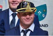 13 September 2019; Jordan Larmour with his RWC2019 caps during the Ireland Rugby World Cup 2019 Welcome Ceremony at Mihama Bunka Hall Hall in Chiba Prefecture, Japan. Photo by Brendan Moran/Sportsfile