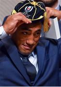 13 September 2019; Bundee Aki with his RWC2019 caps during the Ireland Rugby World Cup 2019 Welcome Ceremony at Mihama Bunka Hall Hall in Chiba Prefecture, Japan. Photo by Brendan Moran/Sportsfile
