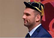 13 September 2019; Tadhg Beirne with his RWC2019 caps during the Ireland Rugby World Cup 2019 Welcome Ceremony at Mihama Bunka Hall Hall in Chiba Prefecture, Japan. Photo by Brendan Moran/Sportsfile