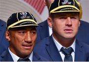 13 September 2019; Bundee Aki, left, and CJ Stander with their RWC2019 caps during the Ireland Rugby World Cup 2019 Welcome Ceremony at Mihama Bunka Hall Hall in Chiba Prefecture, Japan. Photo by Brendan Moran/Sportsfile