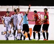 13 September 2019; Sean Brennan of Drogheda United, 8, receives a red card from referee Rob Rogers during the SSE Airtricity League First Division match between Drogheda United and Shelbourne at United Park in Drogheda, Louth.  Photo by Stephen McCarthy/Sportsfile