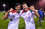 13 September 2019; Denzil Fernandes, left, and Jaze Kabia of Shelbourne celebrate promotion to the SSE Airtricity League Premier Division following the SSE Airtricity League First Division match between Drogheda United and Shelbourne at United Park in Drogheda, Louth. Photo by Stephen McCarthy/Sportsfile