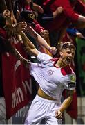 13 September 2019; Luke Byrne of Shelbourne celebrates his side's third goal with supporters during the SSE Airtricity League First Division match between Drogheda United and Shelbourne at United Park in Drogheda, Louth.  Photo by Stephen McCarthy/Sportsfile